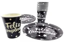 Set - Kit Platos Y Vasos Feliz Cumpleaños Color Negro Metalizado X10 Unidades