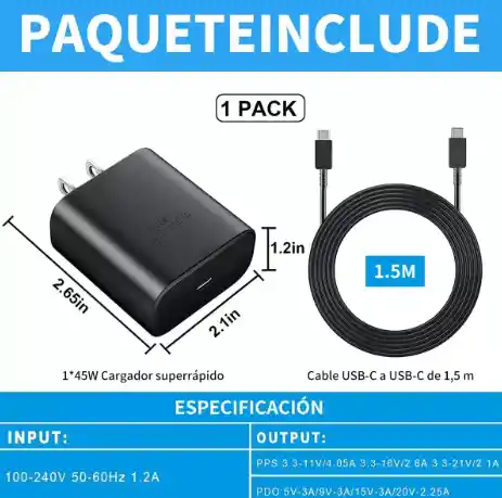 Cargador Carga Rapida De 45w Con Cable Tipo C A Tipo C