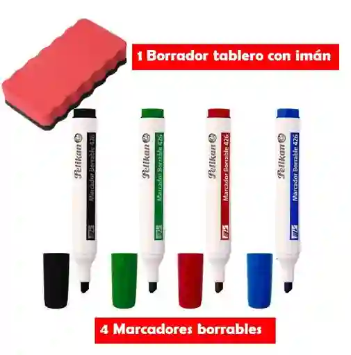 Marcador Borrable Pelikan X 4 Colores + Borrador Tablero