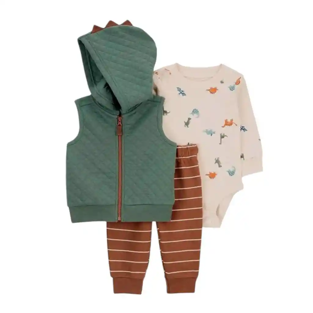 Conjunto De 3pz De 9meses Con Chaleco Dinosaurio, Set De Ropa Para Bebé, Con Chaleco, Pantalón Y Mameluco Estampado, Hecho En Material Hippoargenico