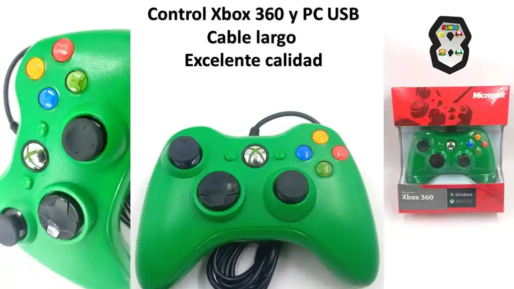 Control Xbox 360 Y Pc Verde Cable Largo