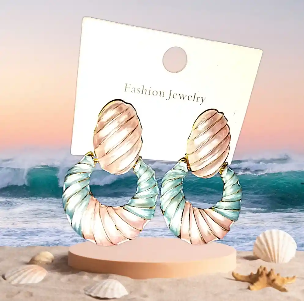 Aretes Acero Quirurjico Inoxidable Caracola Azul Y Rosado Pastel