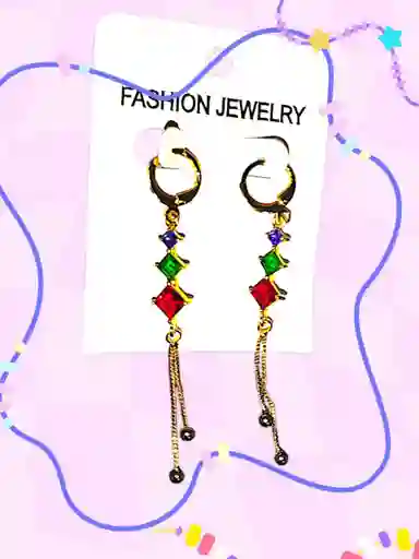 Aretes Acero Quirurjico Inoxidable Con Baño En Oro Golfi Rombos Morado, Verde, Rojo - Largos
