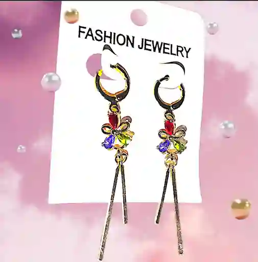 Aretes Acero Quirurjico Inoxidable Con Baño En Oro Golfi Flor Morado, Verde, Rojo - Largos