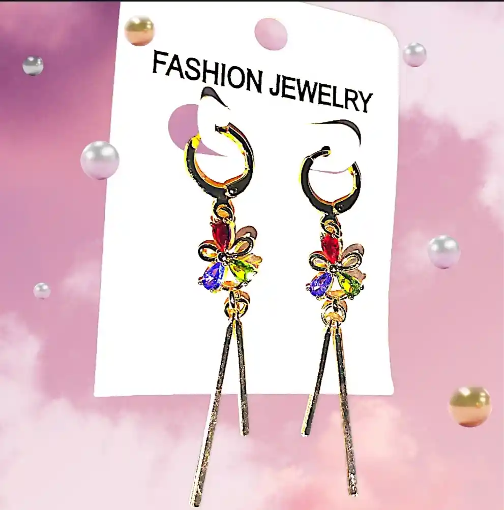 Aretes Acero Quirurjico Inoxidable Con Baño En Oro Golfi Flor Morado, Verde, Rojo - Largos