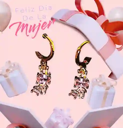 Aretes Acero Quirurjico Inoxidable Con Baño En Oro Golfi Mujer Con Bolso Con Piedras Rosadas