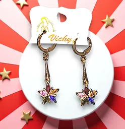 Aretes Acero Quirurjico Inoxidable Con Baño En Oro Golfi Estrella Piedras Rosada, Morado, Verde, Rojo Y Amarillo - Largos