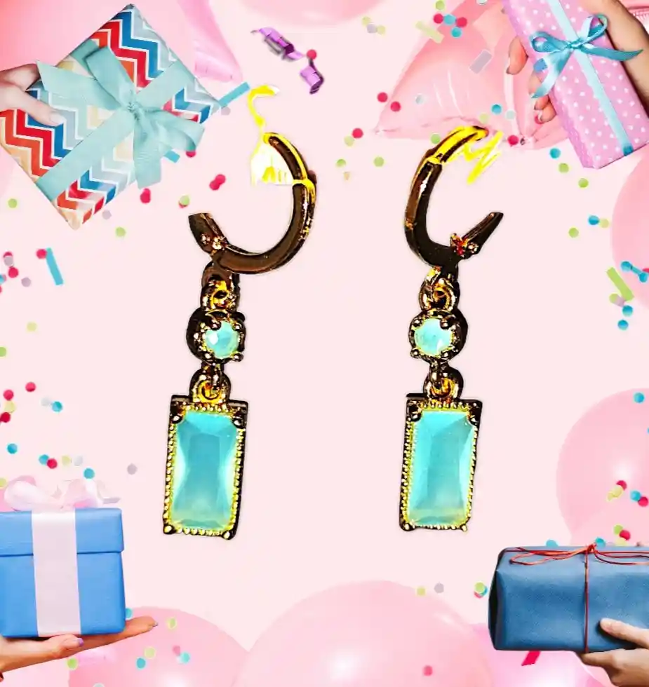 Aretes Acero Quirurjico Inoxidable Con Baño En Oro Golfi Circulo Y Rectangulo Piedra Azul Turquesa