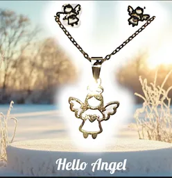 Juego Collar Y Aretes Angel Dorado En Acero Quirurjico Inoxidable