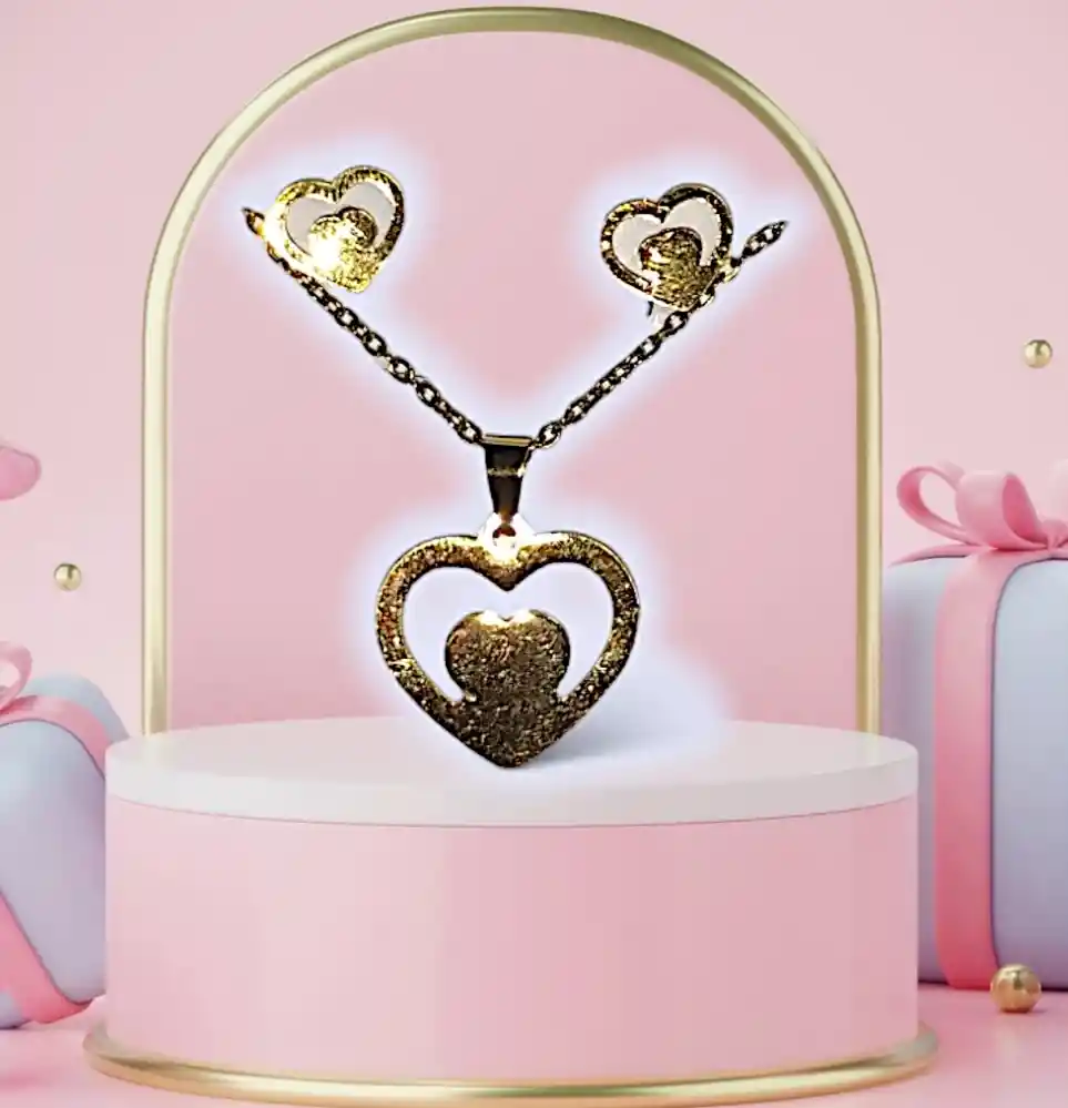 Juego Collar Y Aretes Corazon Doble Dorado En Acero Quirurjico Inoxidable