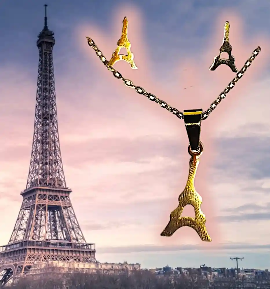 Juego Collar Y Aretes Torre Eiffel Dorado En Acero Quirurjico Inoxidable