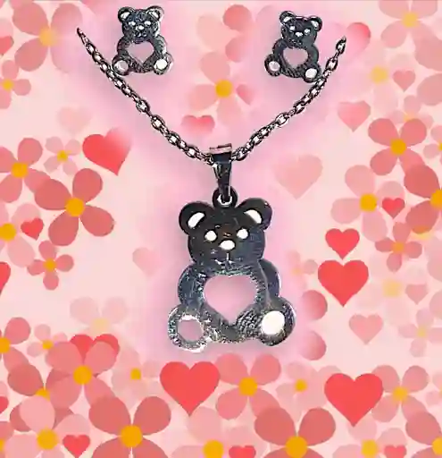 Juego Collar Y Aretes Oso Plateado En Acero Quirúrgico Inoxidable