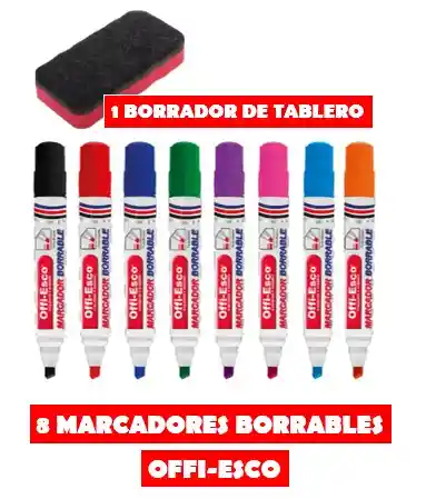 Marcador Borrable X 8 Colores + Borrador Tablero Con Imán
