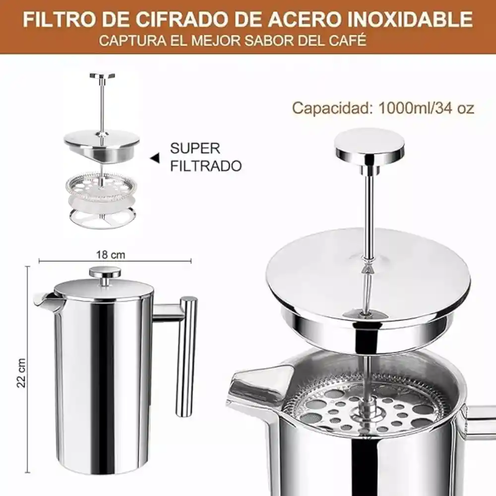 Cafetera Prensa Francesa En Acero Inoxidable 1 Litro