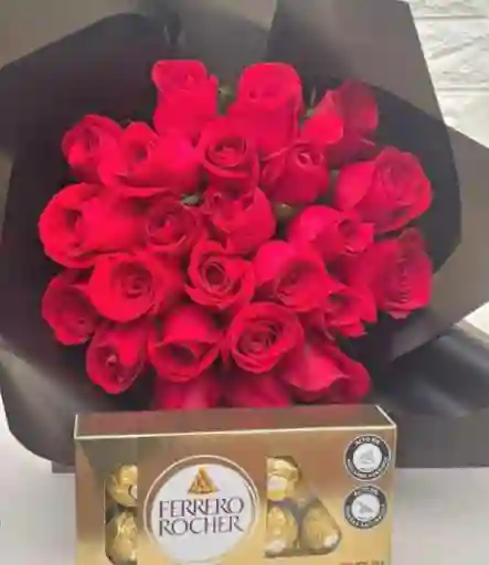 Bouquet De 24 Rosas Con Caja De Chocolate Forrero