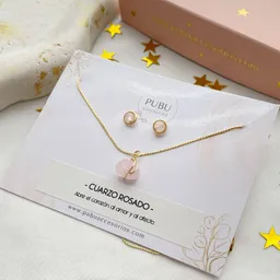 Conjunto Collar Y Aretes Mujer Cuarzo Rosado