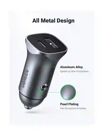 Cargador Ugreen De Coche Usb C + Usb A De 30w (40858)