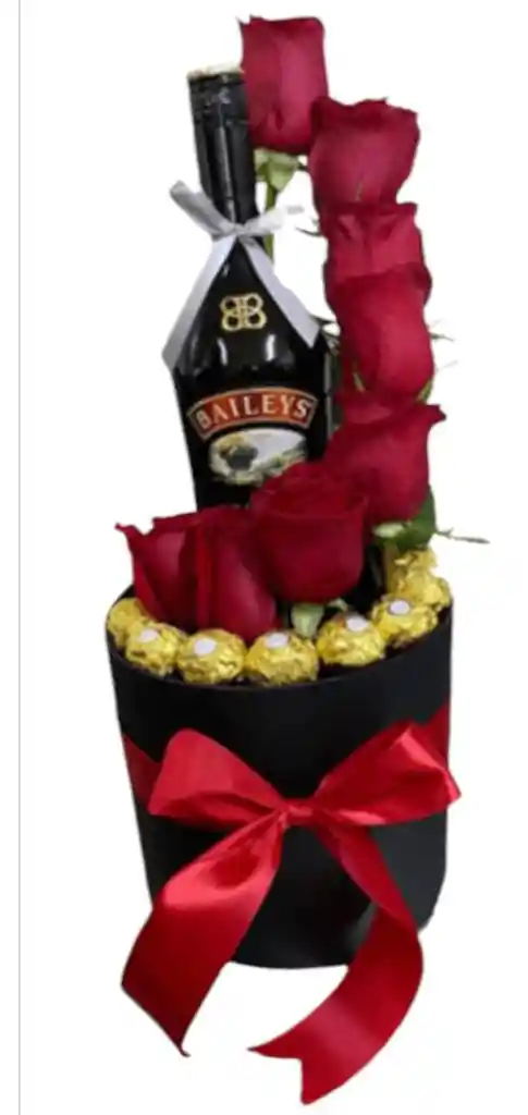 Flores Rojas Con Baileys 375ml Y Chocolates