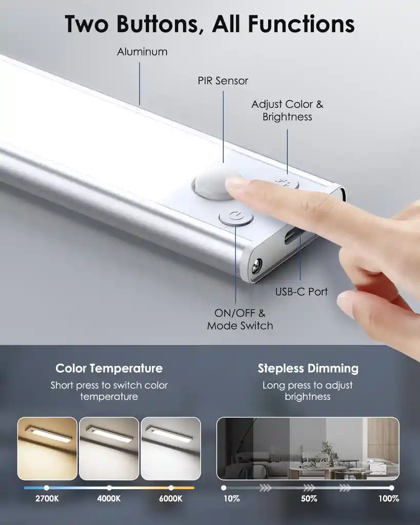 Lampara Luz Inalambrica Led Magnetica Gabinete 2000mah Recargable Detector De Movimiento
