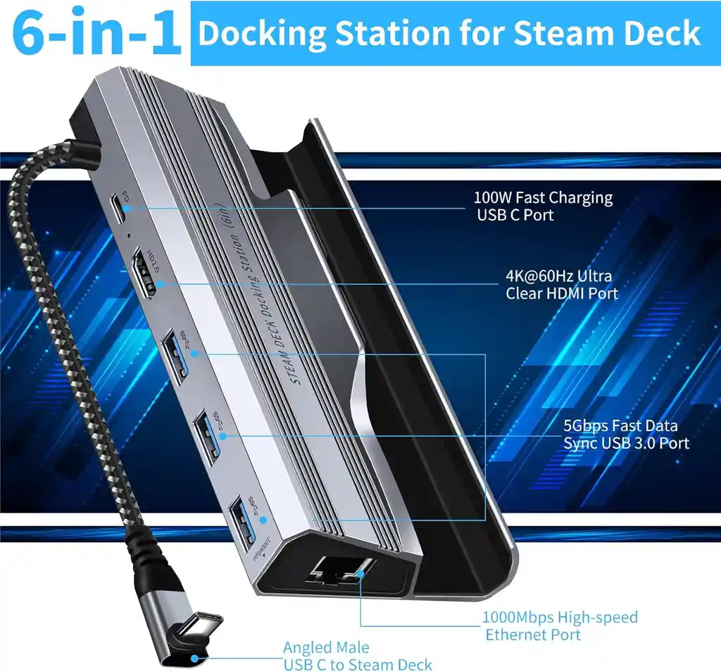 Base Acoplamiento Steam Deck 6en1 Puertos Hdmi Usb A X3 3.0 Usb C 100w