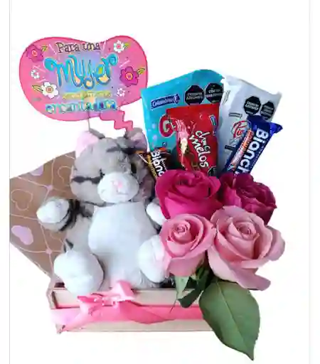 Rosas Con Gato Peluche Y Dulces