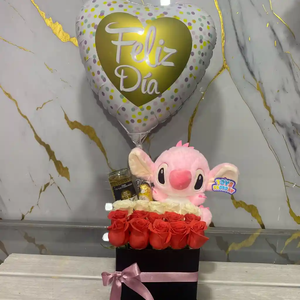 Caja Rosas Con Peluche Stitch