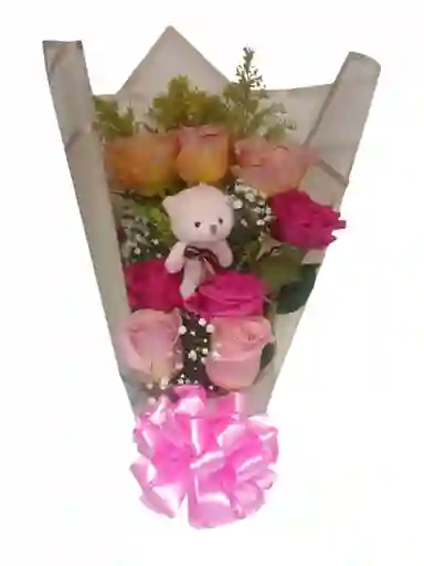 Ramo De Rosas Multicolor Y Peluche De Oso