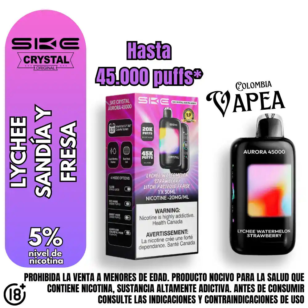 Vape Crystal Lychee Watermelon Strawberry 45000 Puffs 5%