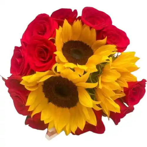 Ramo Con 3 Girasoles Y 14 Rosas Rojas - Energía Y Pasión