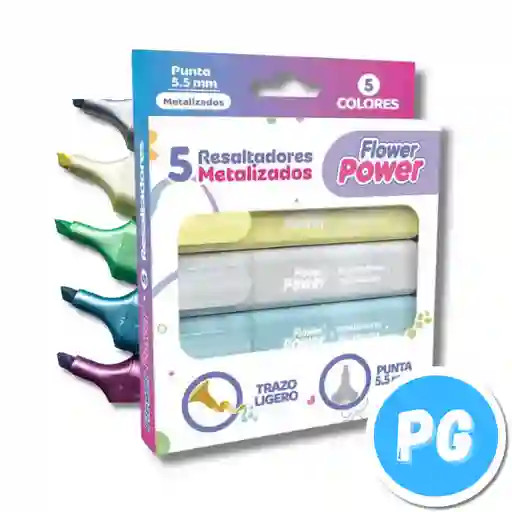 Paquete Resaltador Primavera Flower Power X5 Unds Metalizados
