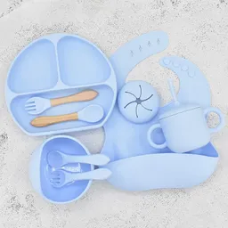 Set Vajilla De Silicona Azul Para Bebes Kit De Alimentación X10 Piezas