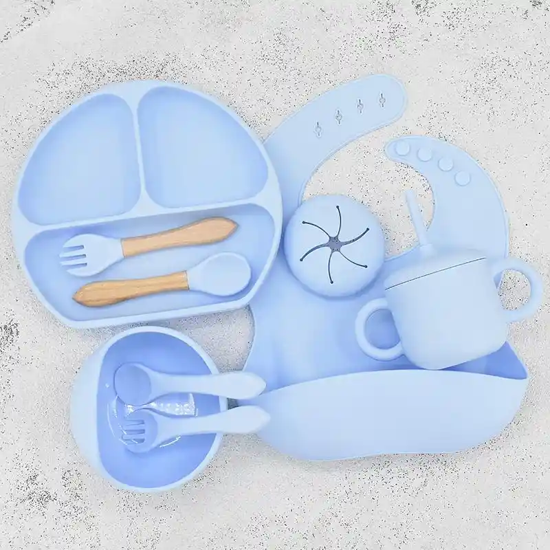 Set Vajilla De Silicona Azul Para Bebes Kit De Alimentación X10 Piezas