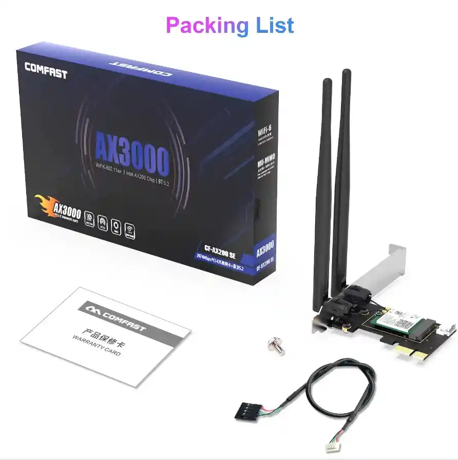 Adaptador Pc De Mesa Inalámbrico Pci-express Bluetooth 3000mbp Wifi 6 Ax200 Chip Intel Bt 5,2 Antena Win 10 11