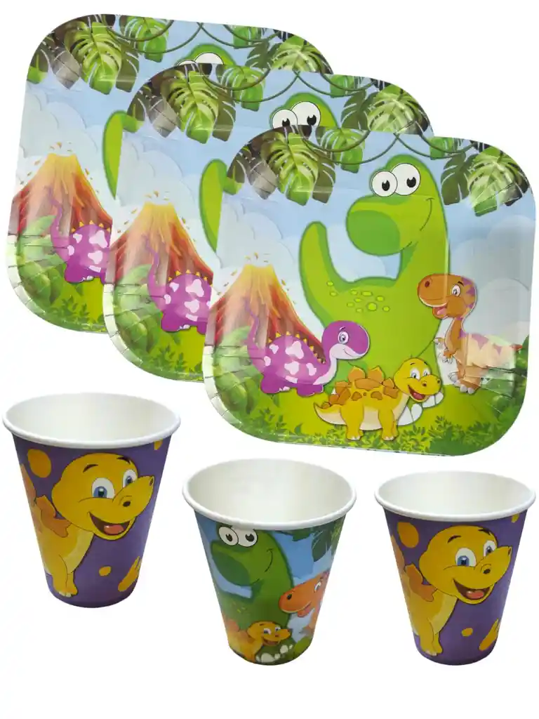 10 Platos Torta10 Vasos Desechables Fiesta Dinosaurio