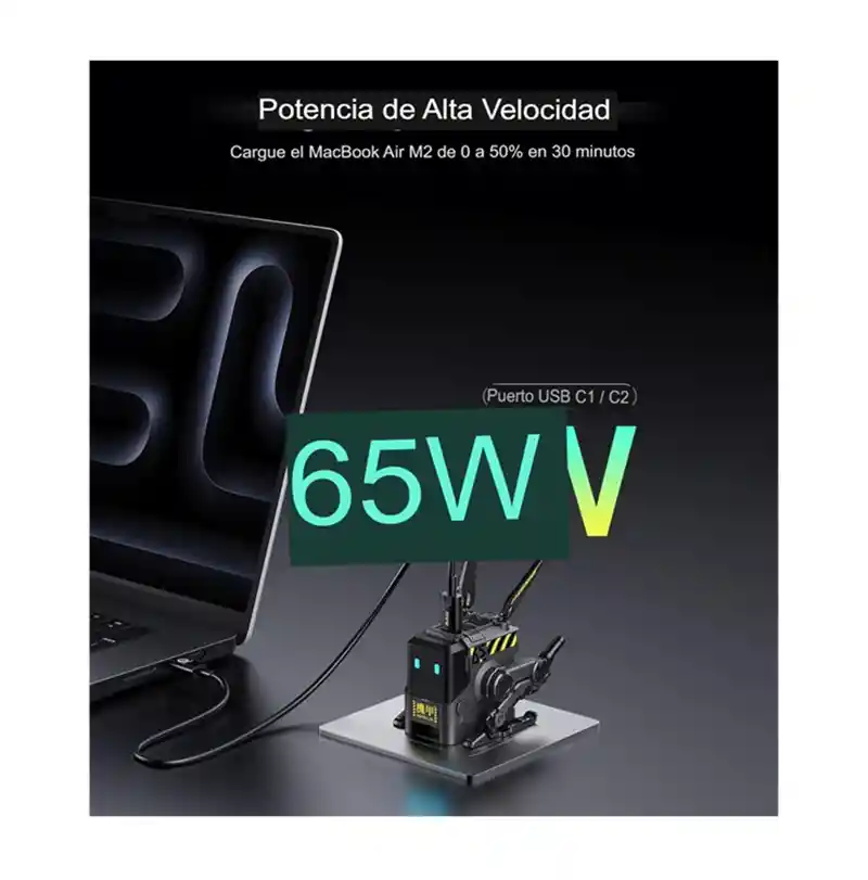 Cargador Gravastar Alpha Carga Rápida Gan 65w 2x Usb-c Usb-a Negro