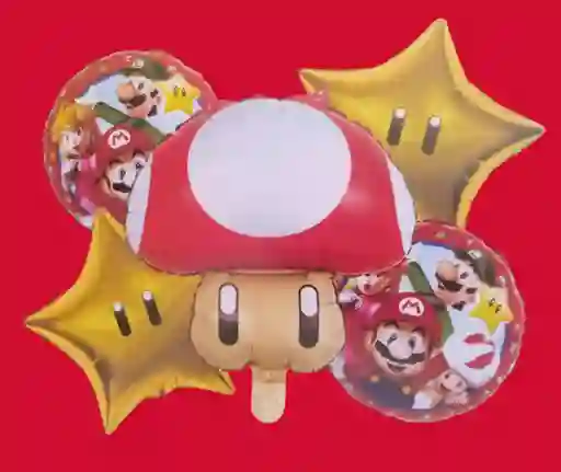 Bouquet X5 Globos Metálizados Honguito Mario Bros