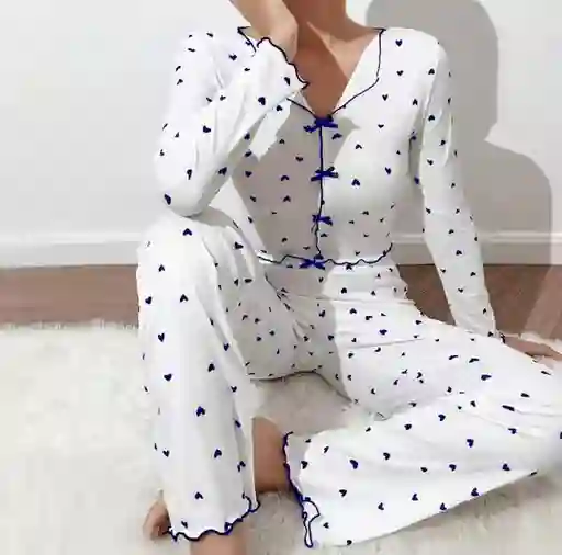Pijama Dos Piezas Coquette Corazones Azul (talla L-xl)