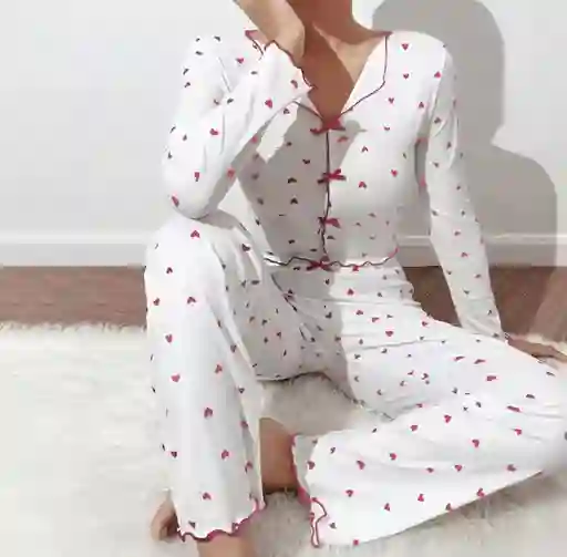 Pijama Dos Piezas Coquette Corazones Rosado (talla L-xl)