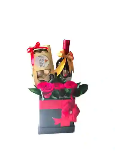 Caja De 3 Rosas Vino Chocolates X8