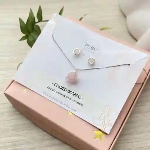 Conjunto Acero Plateado Cuarzo Rosado