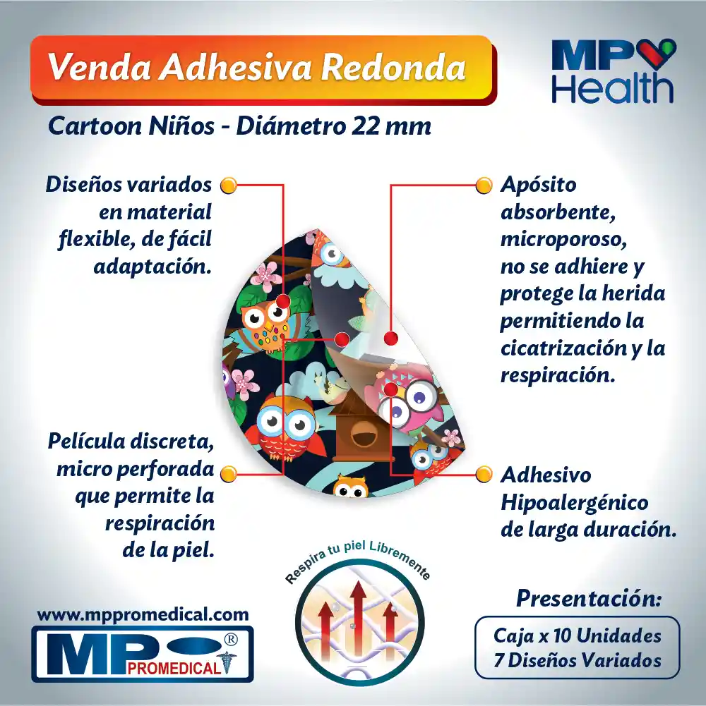 Curas Adhesivas Redondas Cartoon Para Niños 1 Caja X 10