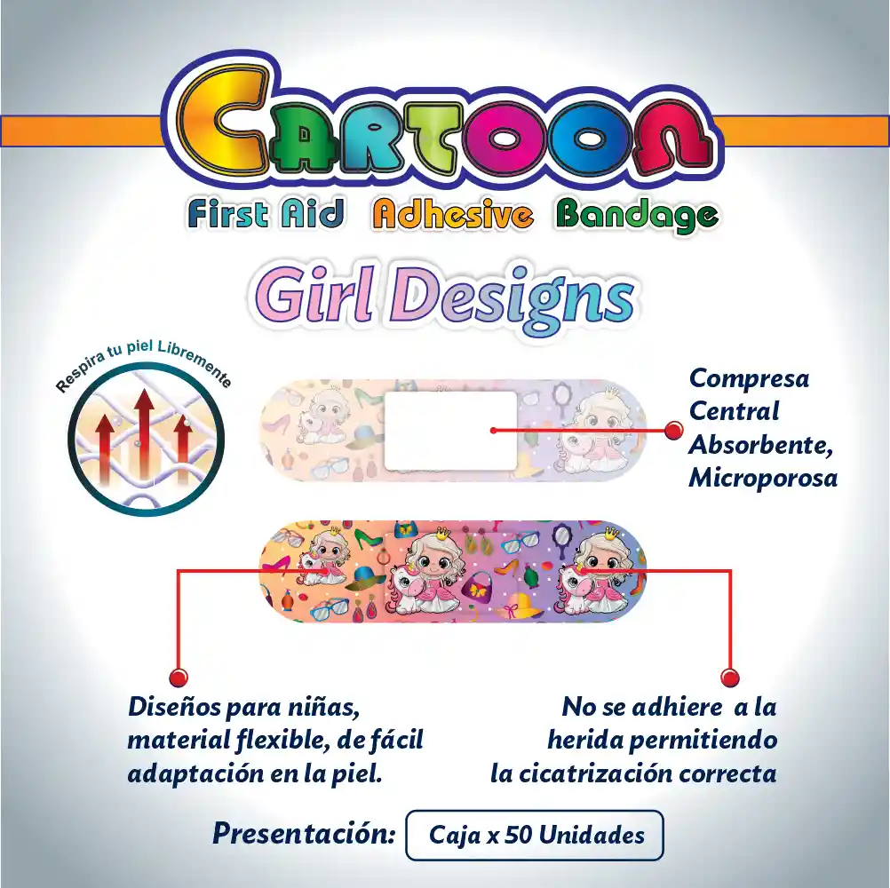 Curas Adhesivas Cartoon Niña Caja X 50