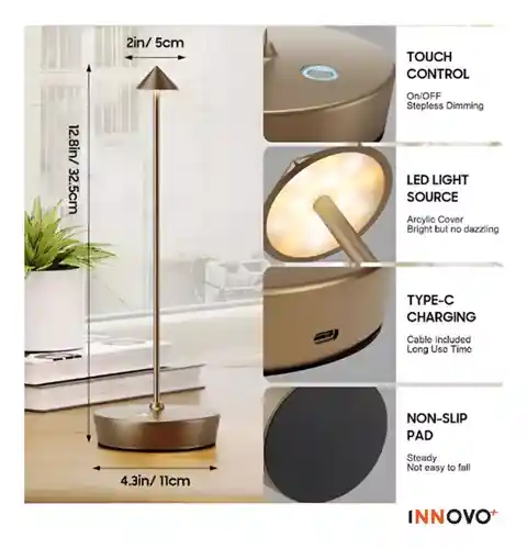 Lampara Led Slim De Mesa Táctil 3 Tonos Innovo Led Recargable Gold