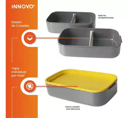 Porta Comidas Lonchera Alimentos 2 Niveles Doble Compartimiento Gris Innovo Home