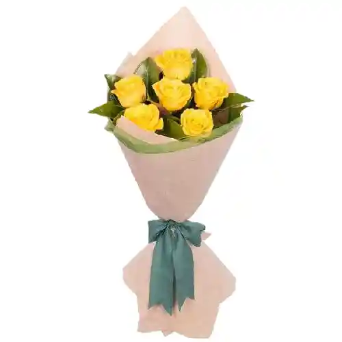 Ramo Con 6 Rosas Amarillas Y Follaje Natural - Brillo Dorado