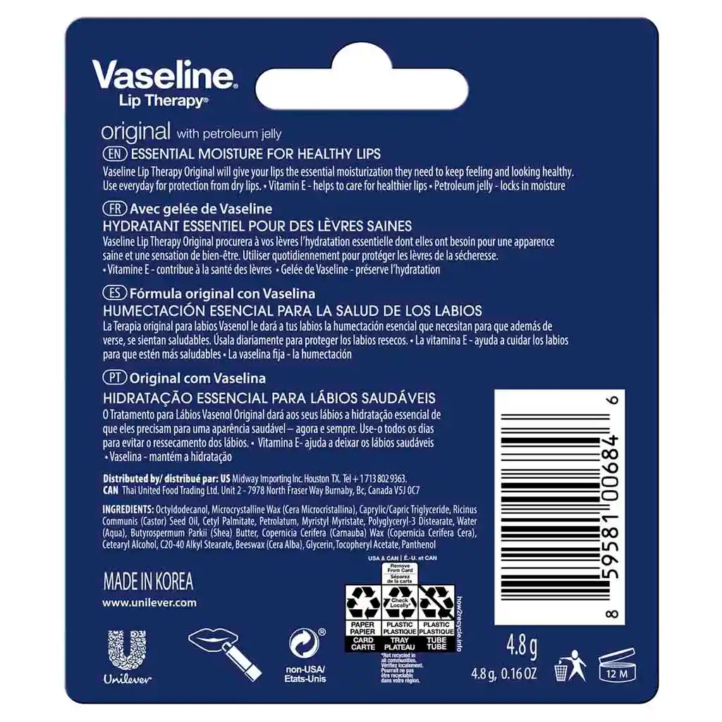 Vaseline Hidratante De Labios De Acción Rápida Lip Therapy De Vaseline Original Made In The Usa 0,16 Oz (4,8g)