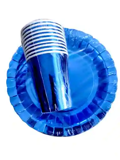 Set 10 Platos Torta, 10 Vasos Metalizados Decoracion Fiesta Azul