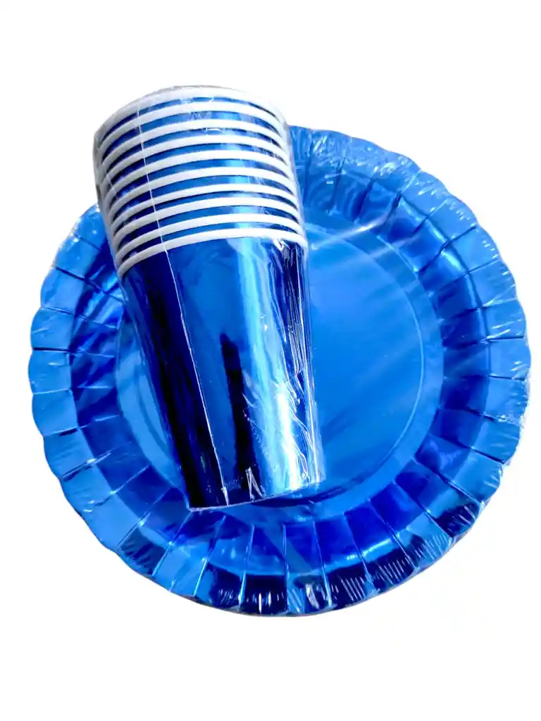 Set 10 Platos Torta, 10 Vasos Metalizados Decoracion Fiesta Azul