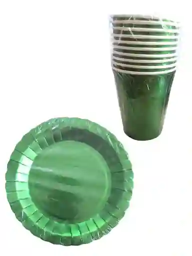 Set 10 Platos Torta, 10 Vasos Metalizados Decoracion Fiesta Verde