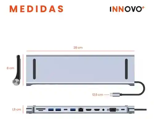 Multipuerto Hub 12 En 1 Multipuerto Tipo C Puerto Red Lan Hdmi Vga Innovo
